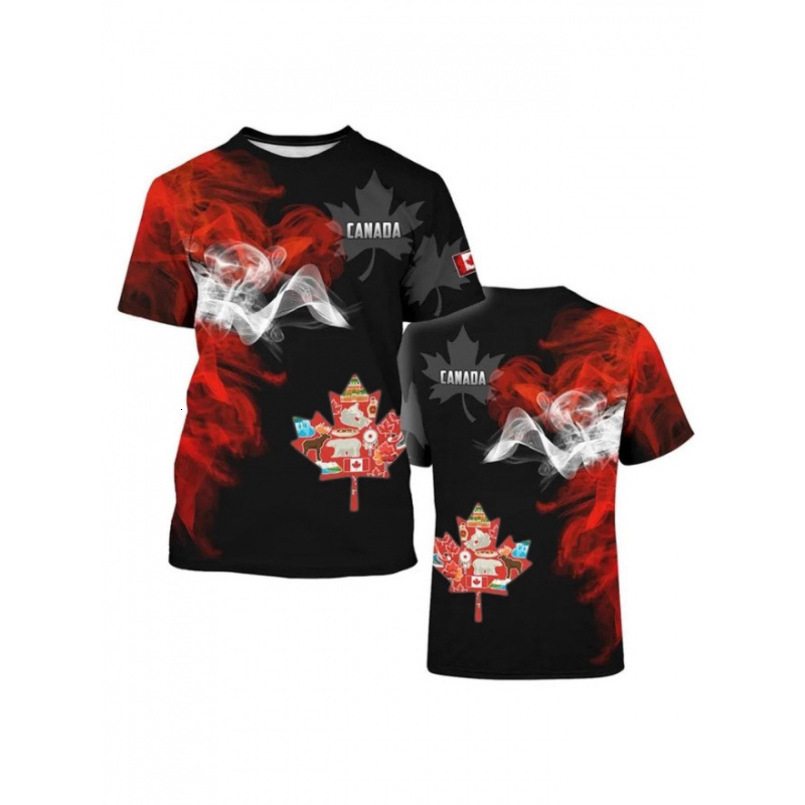New Canada Men's Harajuku Street Fashion T-Shirt 3D Printed Maple Leaf Deer Pattern Trendy Short Sleeve