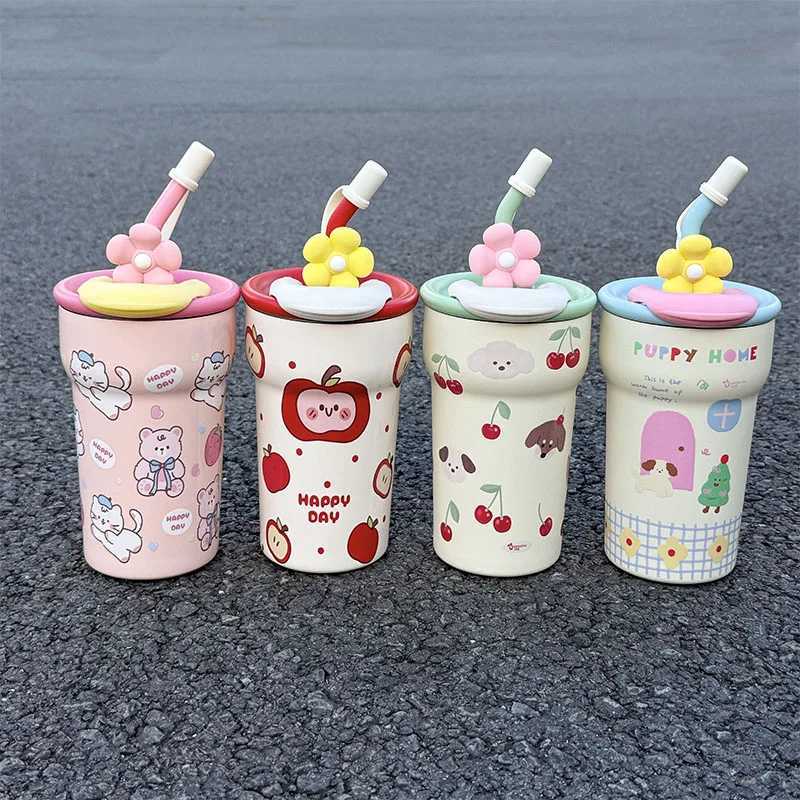 1pc Cute Cat Apple Insulated Water Cup 690ML Desktop Anti-Slip Straw CupDual-Drinking Coffee Mug H251215