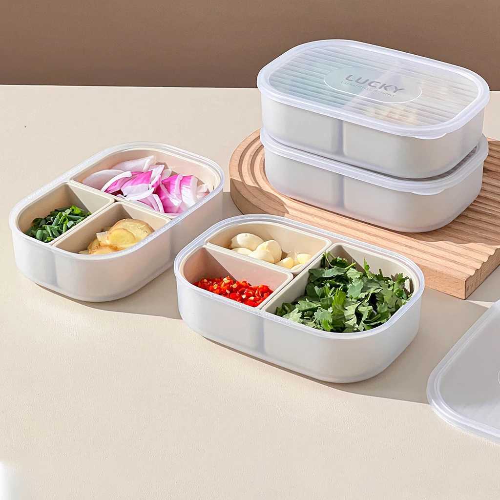 Refrigerator Storage Box With 3 Cpartment Scallion Ginger Garlic Storage Container Sed Meat Box Kitchen Organizer H251213