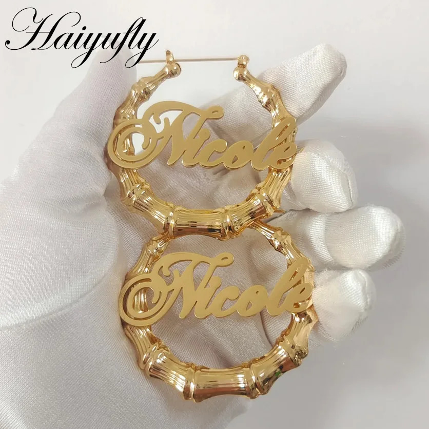 Haiyufly 30-100mm Custom Name Bamboo Earring for Women Jewelry Stainless Steel Personalized Letter Hoop Earring Birthday Gift 251211