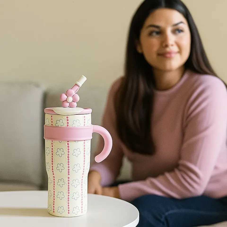 1200ml Straw Thermos Cup Stainless Steel Ceramic Inner Drinking Straw Cup Large Capacity Double Drinking Straw H251215