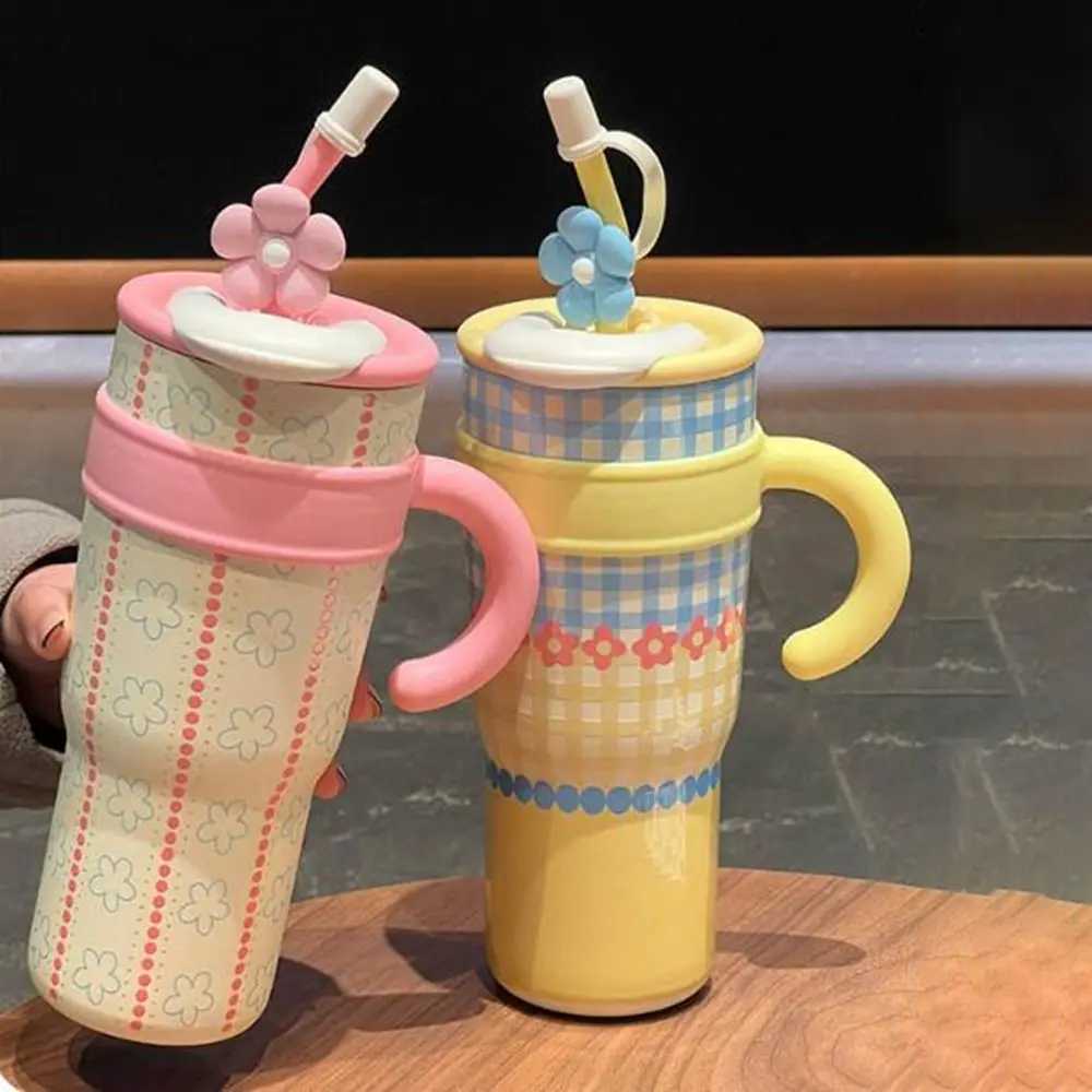 1200ml Straw Thermos Cup Ceramic Inner Stainless Steel Thermos Water Bottle Leakproof Large Capacity Drinking Straw Cup H251215