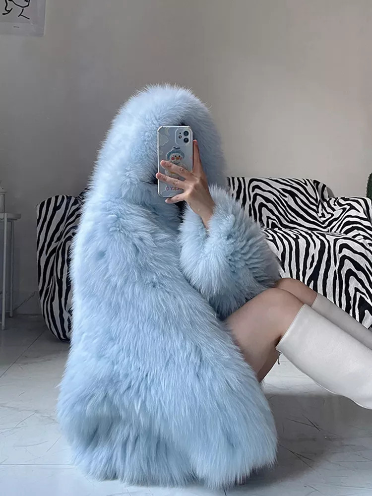 Women's Fur Luxury Rex Rabbit Fur Bomber Jacket Women Winter Warm Grass Faux Fox Coat Hooded Fluffy Cardigan With Fur Collar Hat Furry Tops