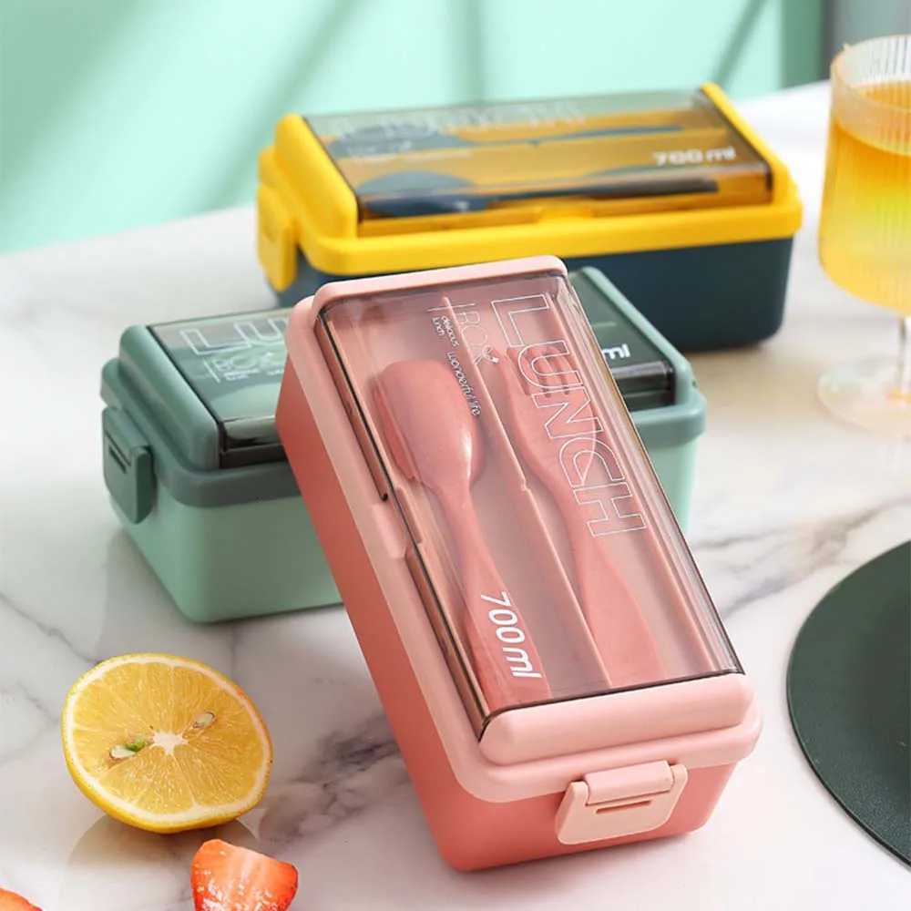 Double layered lunch box with fork and spoon stackable suitable for microwave heating suitable for students and off worker H251213