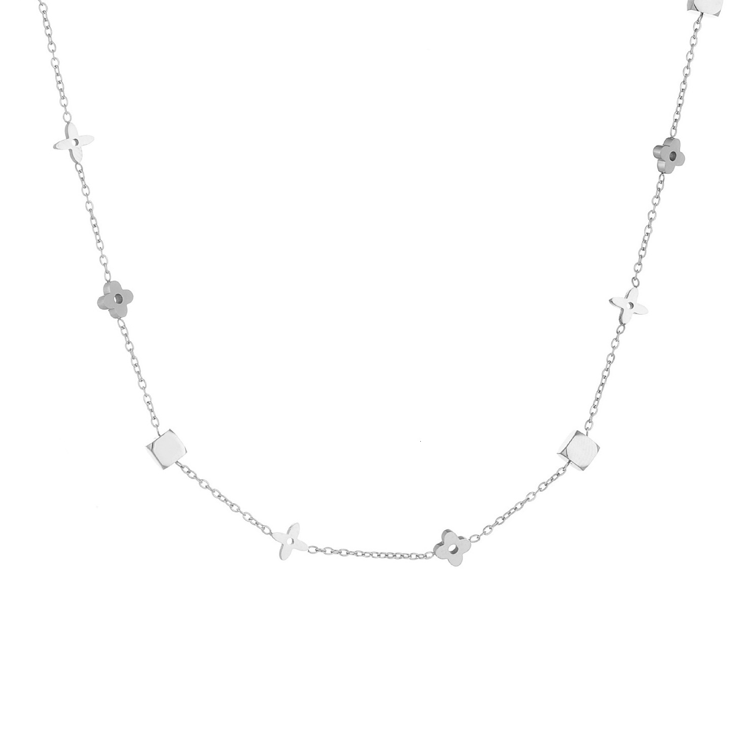 High End Luxury Designer Necklace Fashionable Jewelry Women's Geometric Small Square Flower Titanium Steel Four Leaf Clover Collarbone Chain Set