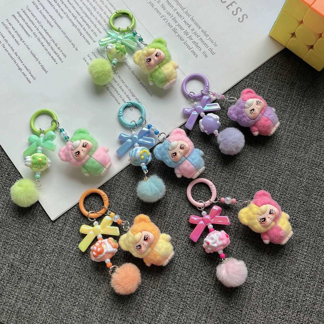 Kawaii Mini three Keychains Cartoon Flocking Doll Backpack Pendant Key Chain Car Key Bag Charms Gifts for Women s M251215