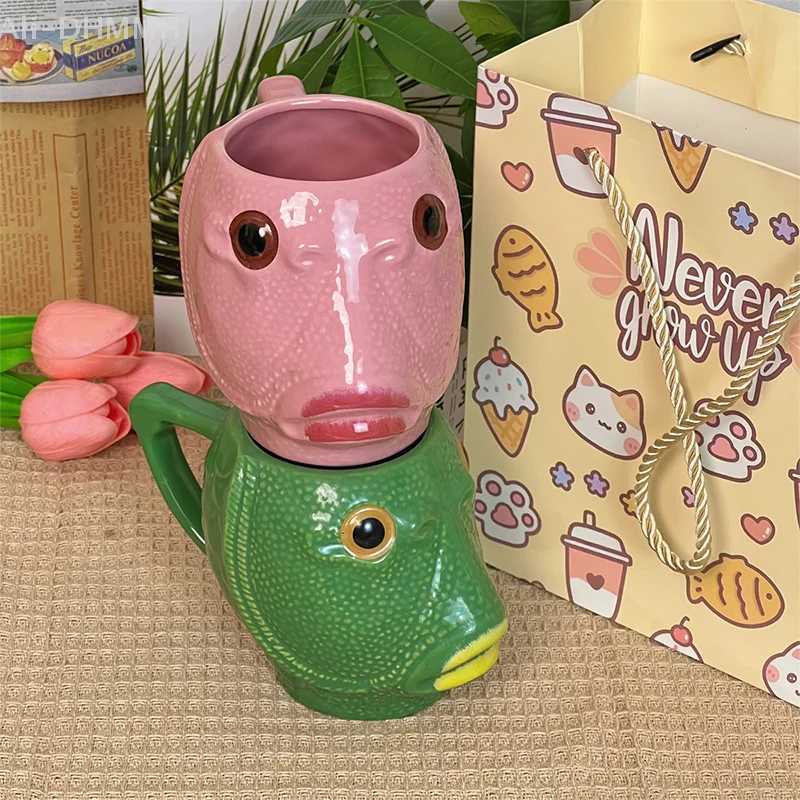 Funny Cup Ugly Green Fish Ceramics Coffee Cup Large Capacity Creative Off Childrens Water Cup gs H251215