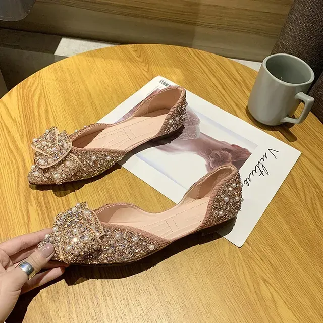 Women's slippers Korean version flat sole single shoes women's spring and summer new style shallow mouth pointed soft sole bow tie rhineston