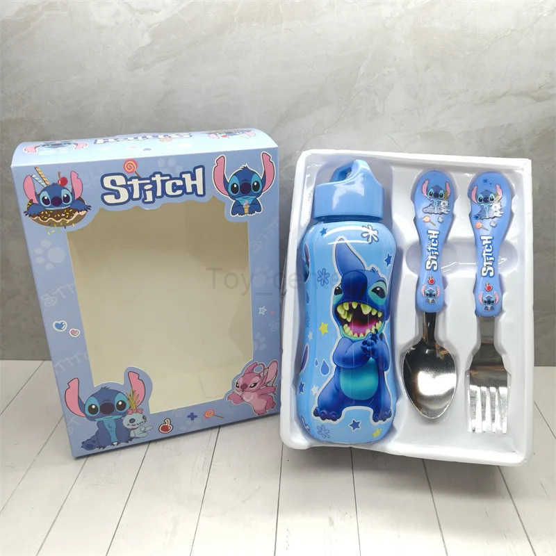 Disney 3Pcs Set Disney-Anime Stitch Water Bottle Set for Kids Portable Tableware Cartoon Childrens Spoon Fork Outdoor Gift H251215