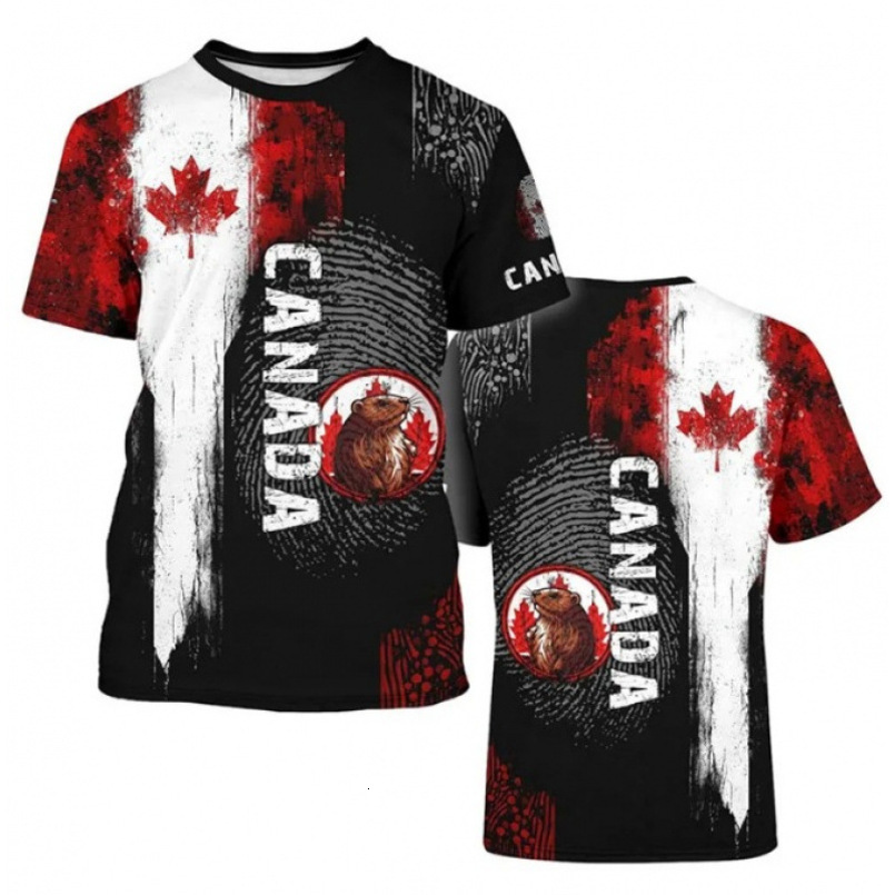 New Canada Men's Harajuku Street Fashion T-Shirt 3D Printed Maple Leaf Deer Pattern Trendy Short Sleeve
