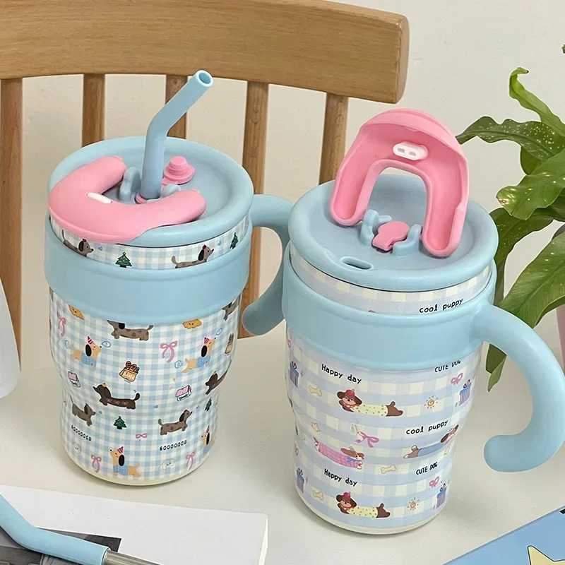700/1200ml Large Capacity Straw Thermos Cup Stainless Steel Tumbler Bottle Car Travel Mugs With Handle Kawaii Thermos Cup Gift H251215