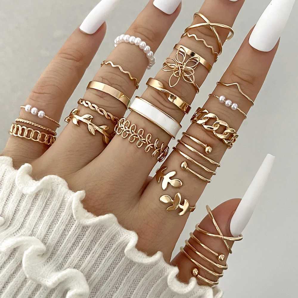 22Pcs/Set Bohemian Style Faux Pearl Vintage Leaves Layered Cross Geometric Multi-Element Ring Suitable For Womens Daily Wear M251215