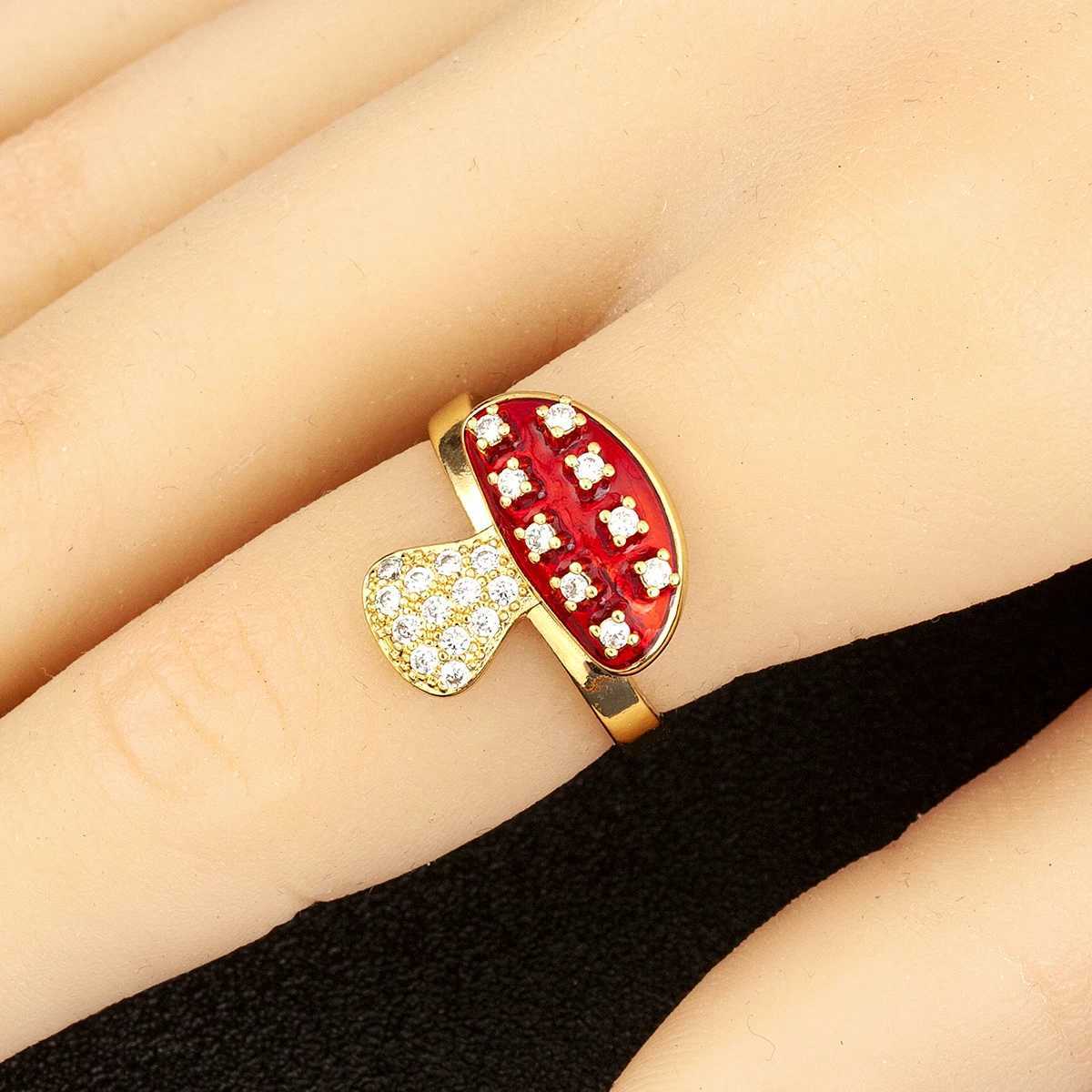 Nidin New Style Mushroom Shape Inlaid Zircon Pearl Enamel Drip Opening Adjustable Rings For Women Girl Cute Sweet Finger Jewelry M251215