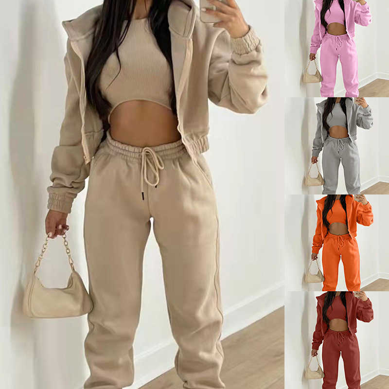 European women's three-piece outfit: long pants, fleece hooded sweatshirt, for fashionable and casual winter wear, complete set Z251215
