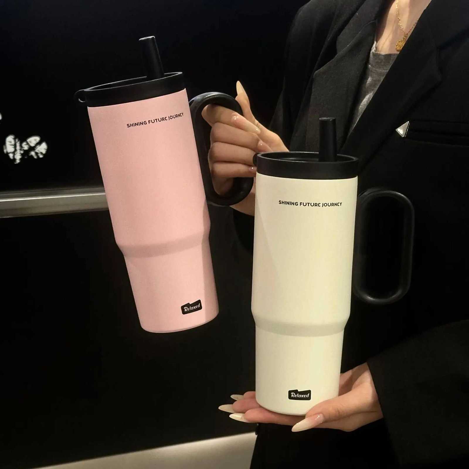 720ML Stainless Steel Thermos Cup with Straw Handle Ice Coffee Drink Vacuum Insulated Cup Car Travel Outdoor Water Bottle H251215