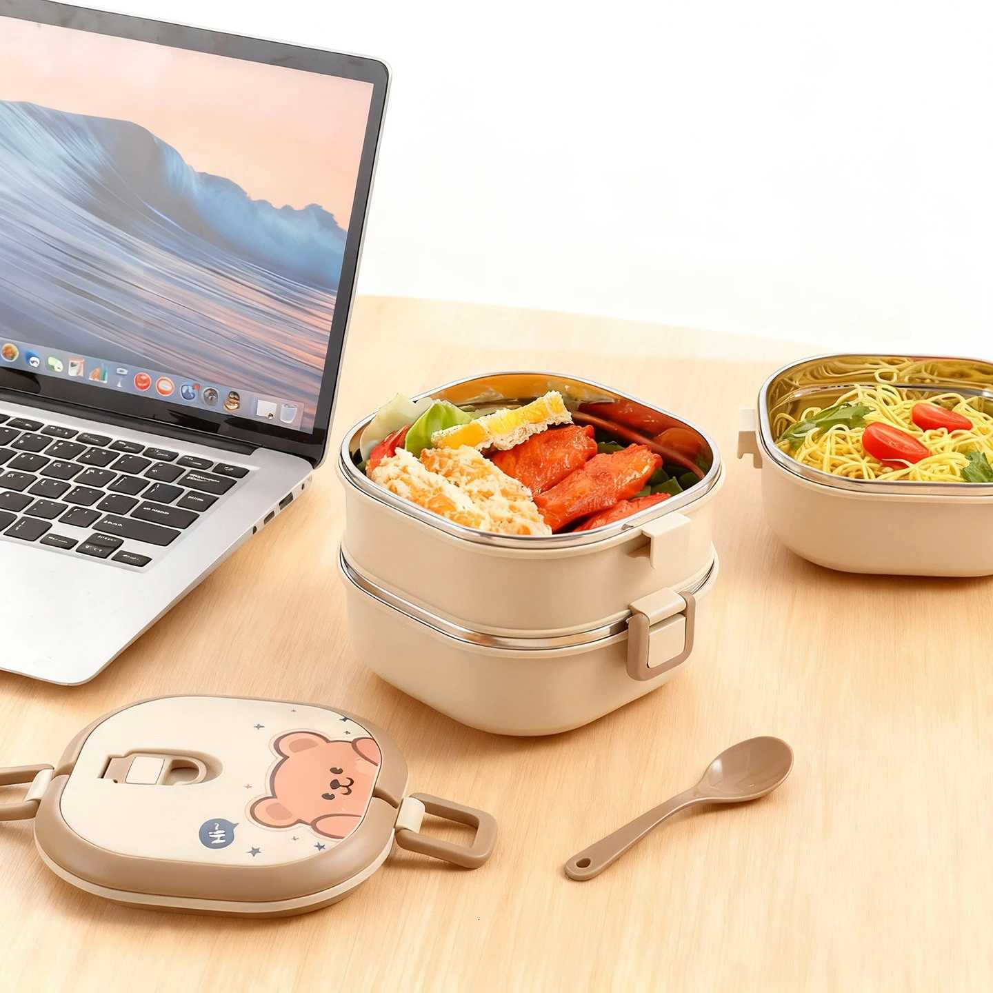 WORHTBUY Cute Square Insated Food Container With Spoon Portable Large Capacity Stackable 304 Stainless Steel Lunch Box For Kid H251213