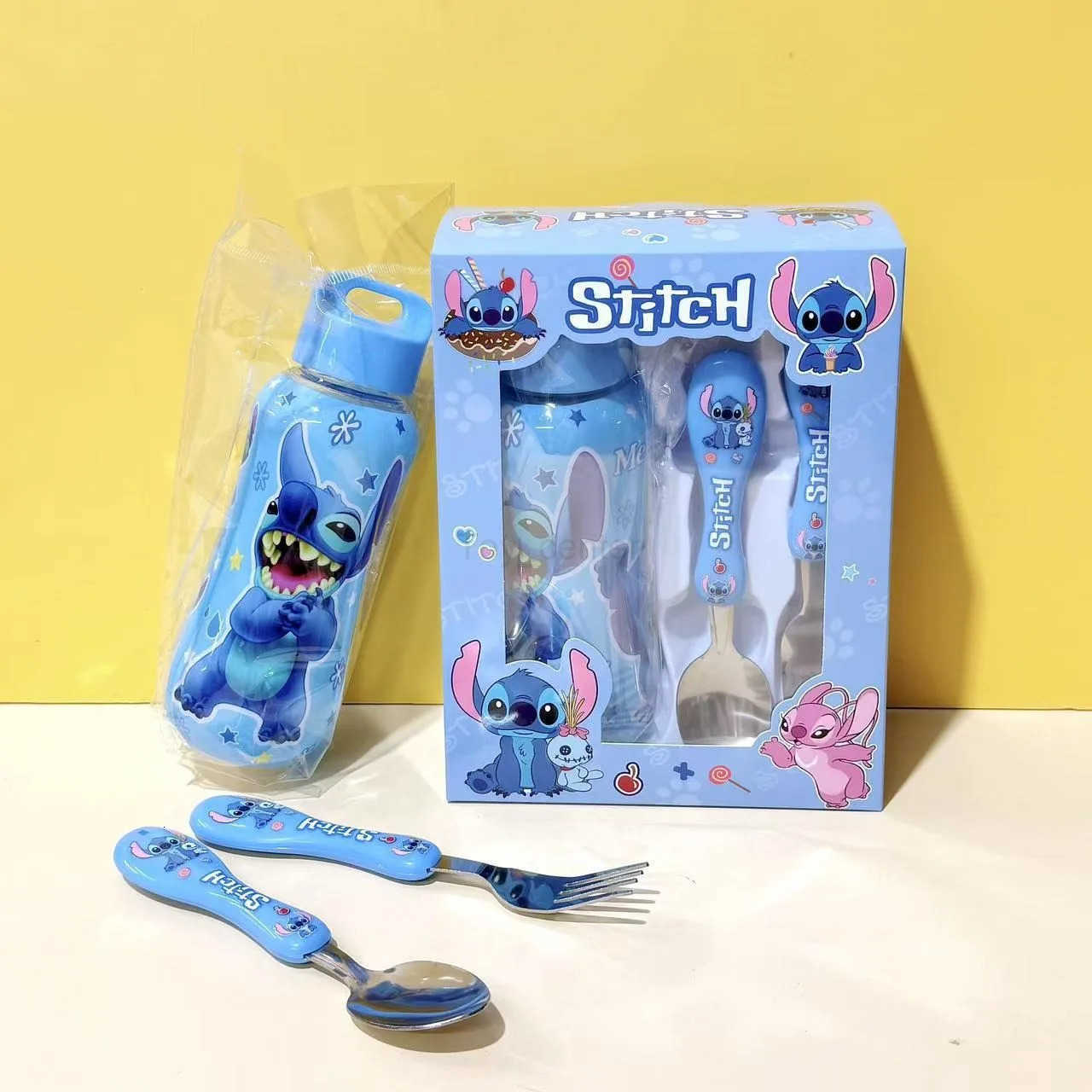 Disney 3Pcs Set Disney-Anime Stitch Water Bottle Set for Kids Portable Tableware Cartoon Childrens Spoon Fork Outdoor Gift H251215