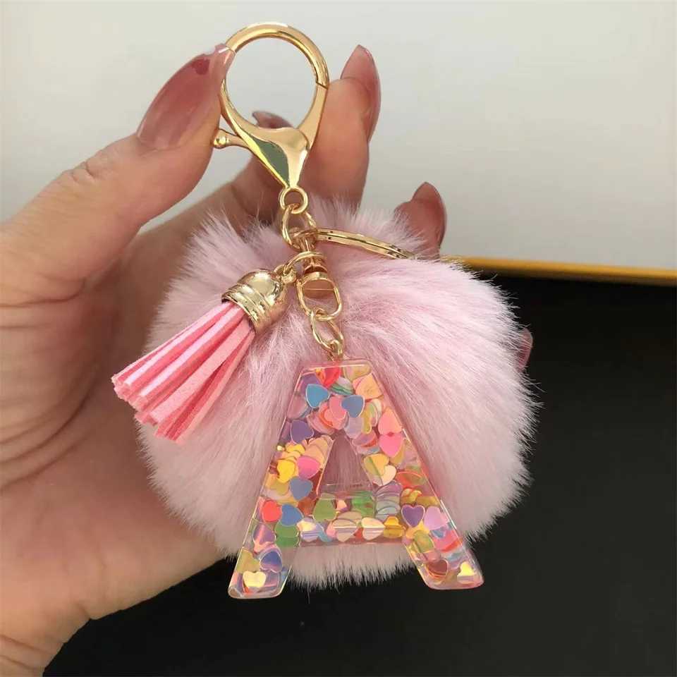 Trend Acrylic Pink Pompom Glitter 26 Initials Letter Keychain With Fluffy Resin Alphabet Charms Key Pendant Party Gift M251215