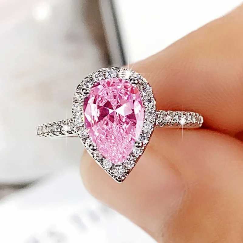 Huitan Pink/Crystal Waterdrop Cubic Zircon Rings for Women Classic Design Eternity Wedding Engagement Rings Silver Color Jewelry M251215