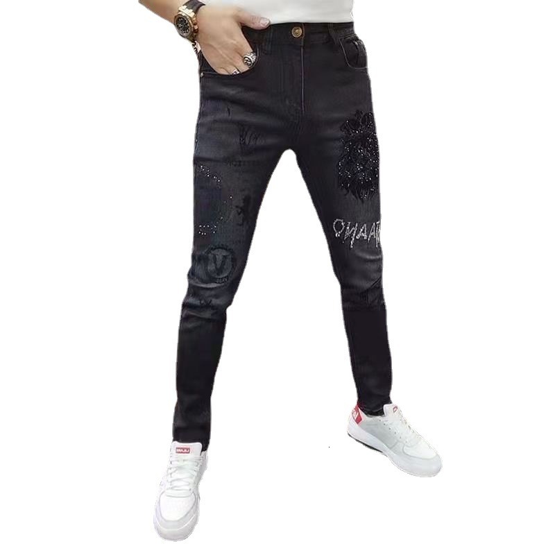 Mens Broken Hole Black Drill Pencil Jeans Slim Men Street Punk Denim Pants Classic Cowboys Skinny Young Man Biker Trousers 240318