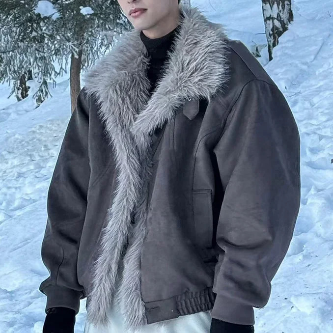 Autumn Winter Men Jacket American Turn Down Collar Male Plush Coat Patchwork Single-breasted Long Sleeve Man Outerwear 251223