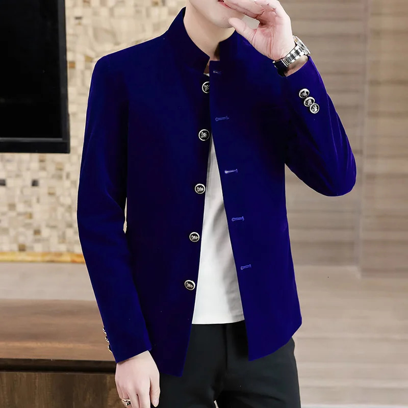 Mens Light Golden Velvet Coat Youth Fashion Trend Solid Color Stand Collar MAO Suit Handsome Boutique Item 251211