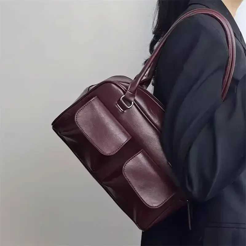 Vintage Women Business Shoulder Bags Simple Ladies Commute Tote Bag Pu Leather Female Underarm Bag Burgundy Large Handbags PurseT251215