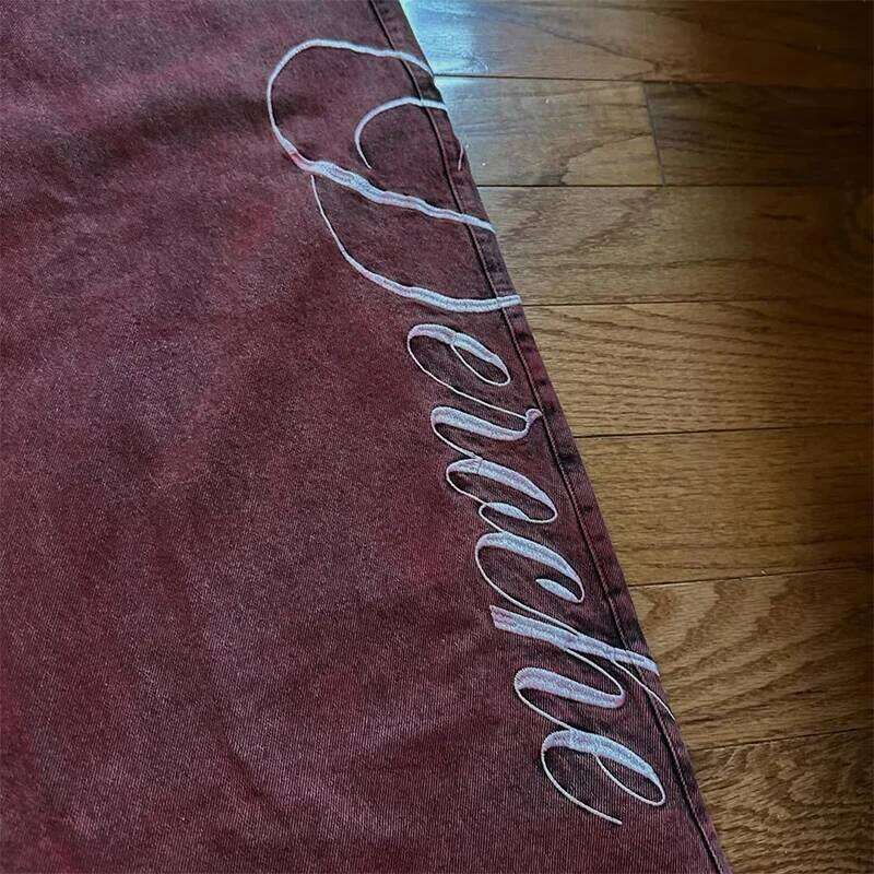 Y2K Casual Loose Vintage Letter Print Rivet Belt Design Red High Waist Wide Leg Jeans Men Women Hip Hop Streetwear C251215