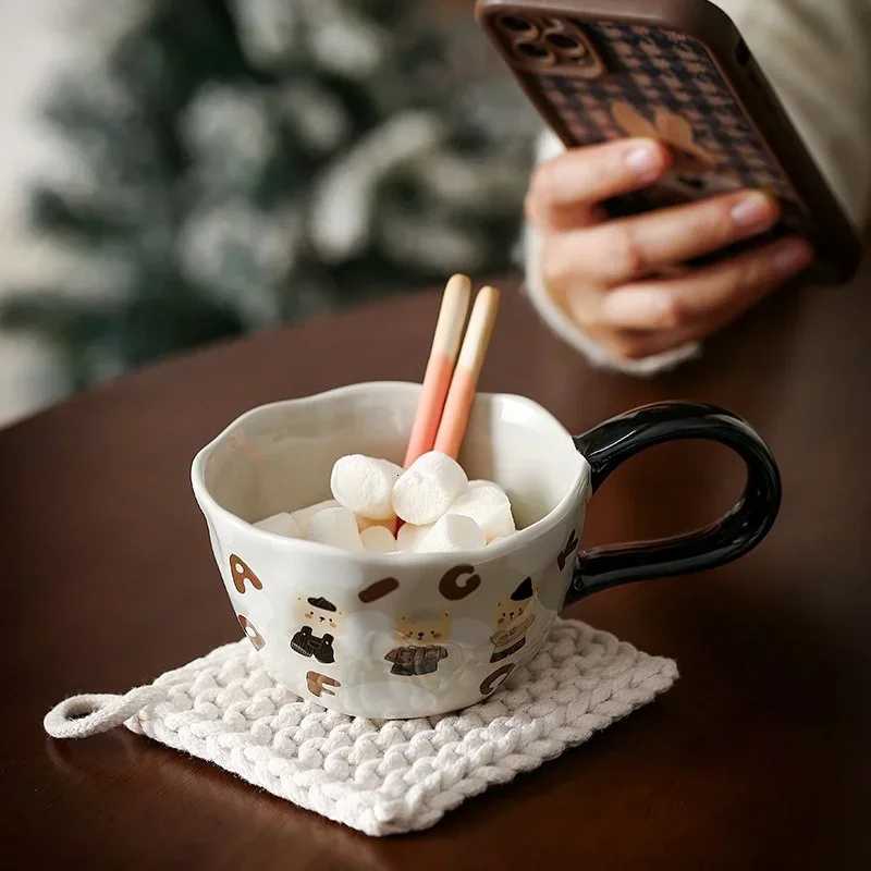 300ml Hand Pinched Irregar Ceramic gs Cute Bear Rabbit Coffee Cups Milk Cup for Kids Breakfast Oatmeal Cup Festival gift H251215