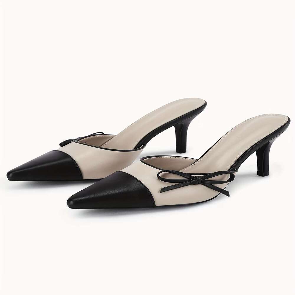 Womens Bow Tie Mules Heels Two Tone Closed Pointed Toe Slip On Backless Wedding Dress Shoes Pumps