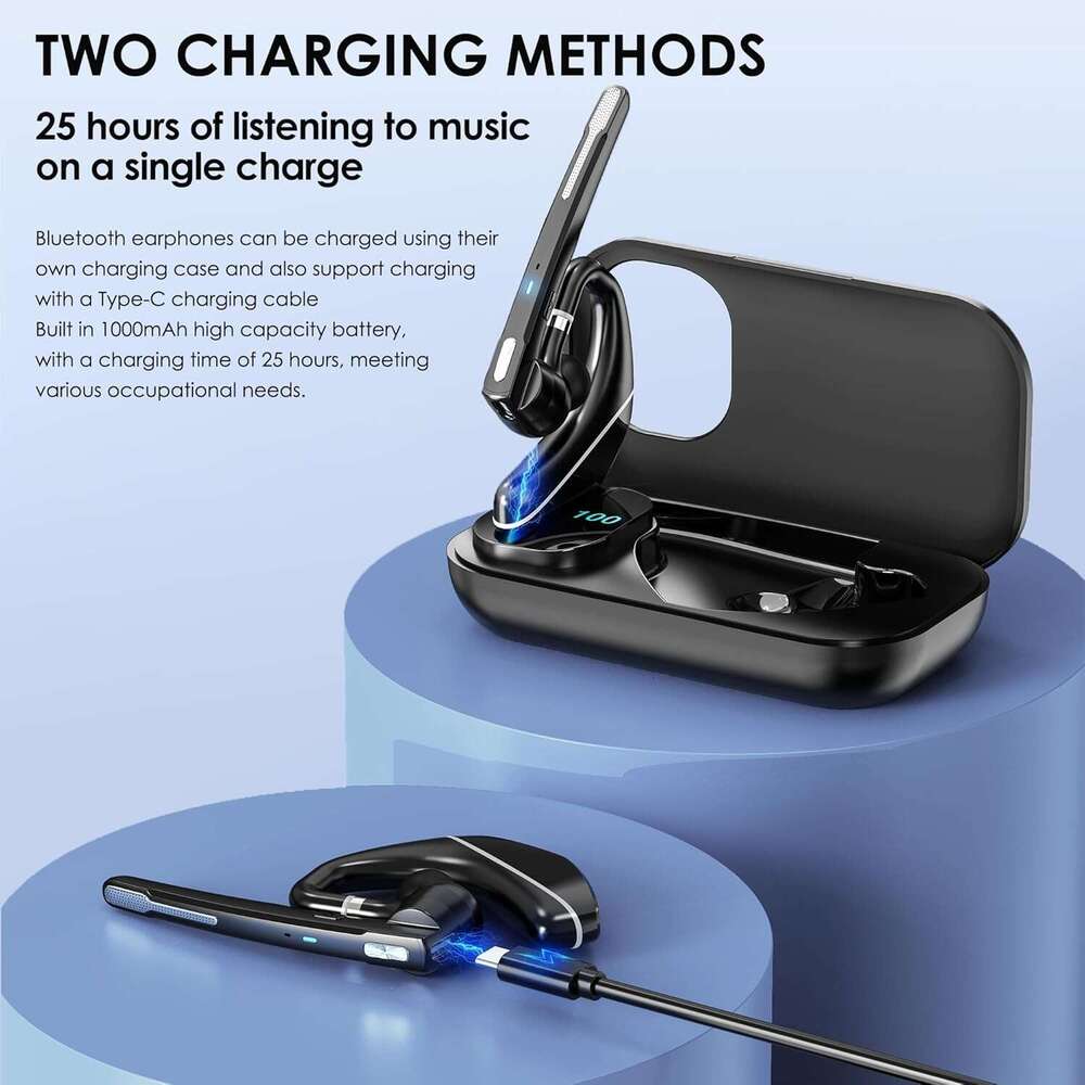 EKVANBEL Bluetooth Headset V5.3, Wireless Earpiece 1000mAh Charging Case, 96H Talktime, Hands Free Noise Canceling Headphones with Dual-Mic for Comput