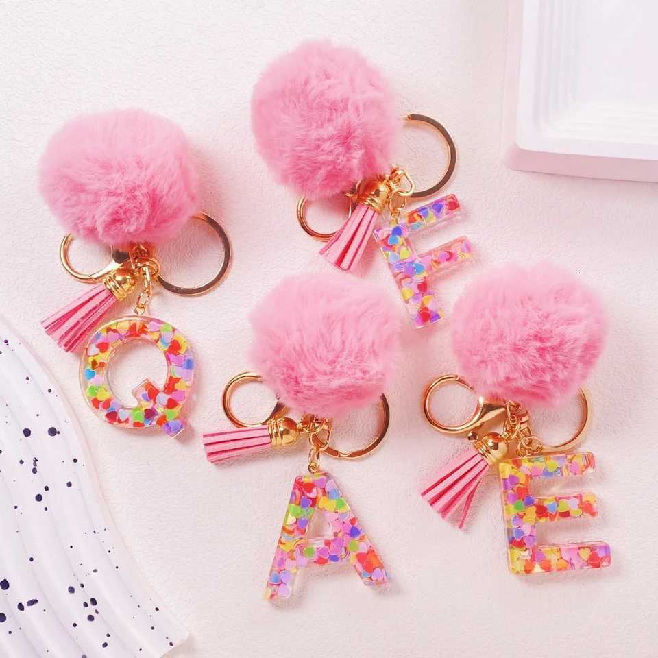 Trend Acrylic Pink Pompom Glitter 26 Initials Letter Keychain With Fluffy Resin Alphabet Charms Key Pendant Party Gift M251215