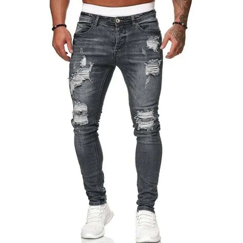 Sale Fashion Streetwear Ripped Skinny Jeans Men Vintage Wash Trouser Male Casual Slim Elasticity Denim Pants Hot C251215