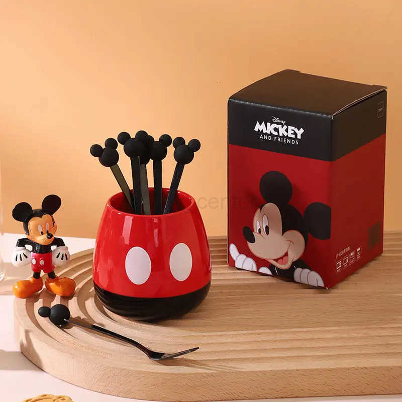 Disney Kawaii Mickey Minnie stainless steel fruit fork set household child safety fork with storage ceramic jar gift wholesale H251215