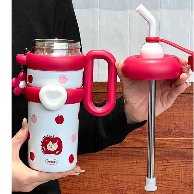 Straw Insulation Cup Large Capacity Water Cup Female Students Cute Portable Handle Water Bottle Jumbo Cup H251215