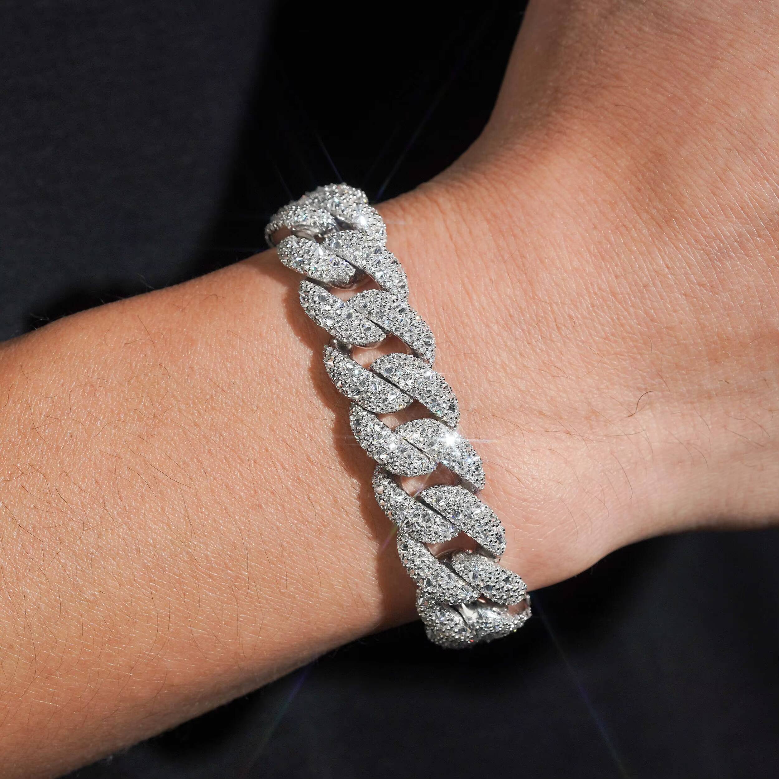 Pass Diamond Tester Upside Down Setting Mosaic Inverted 15MM Men Iced Out Moissanite Cuban Link Bracelet