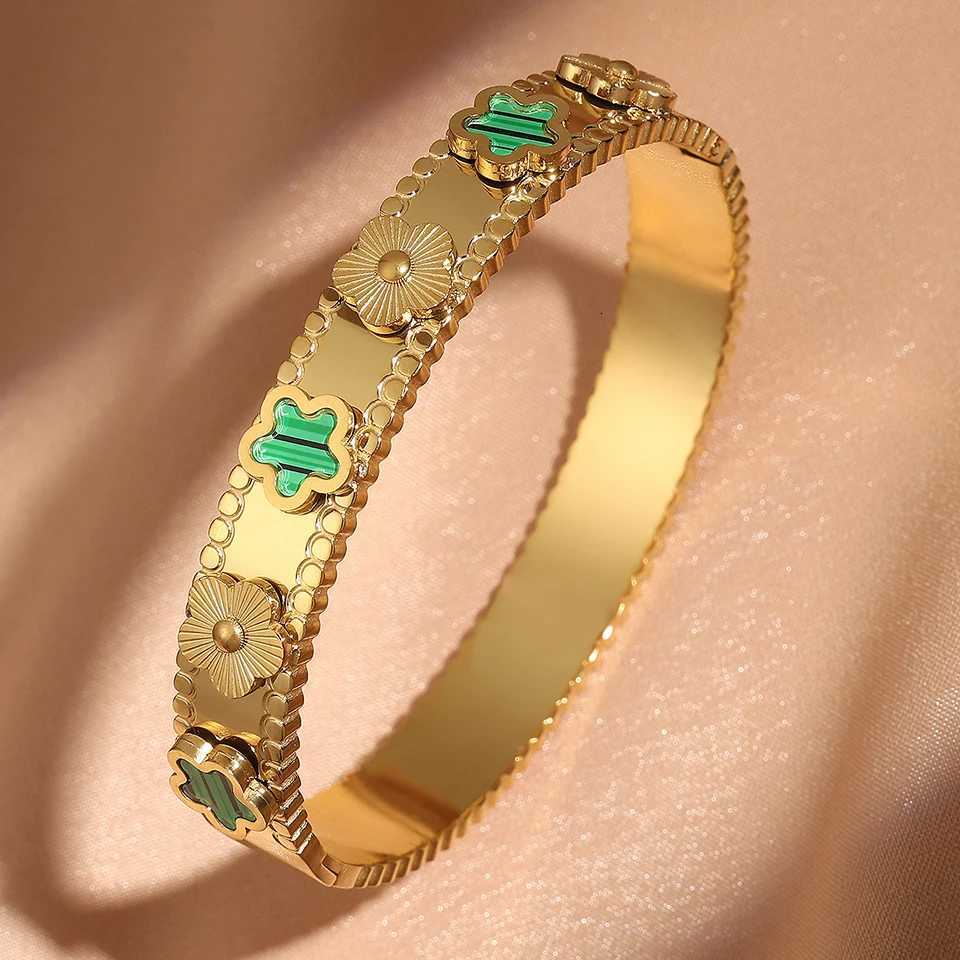 Yupsk Fashion Five- Flower Stainless Steel Bangle 18k Gold Color Lucky Grass s Female Jewelry Gift M251215