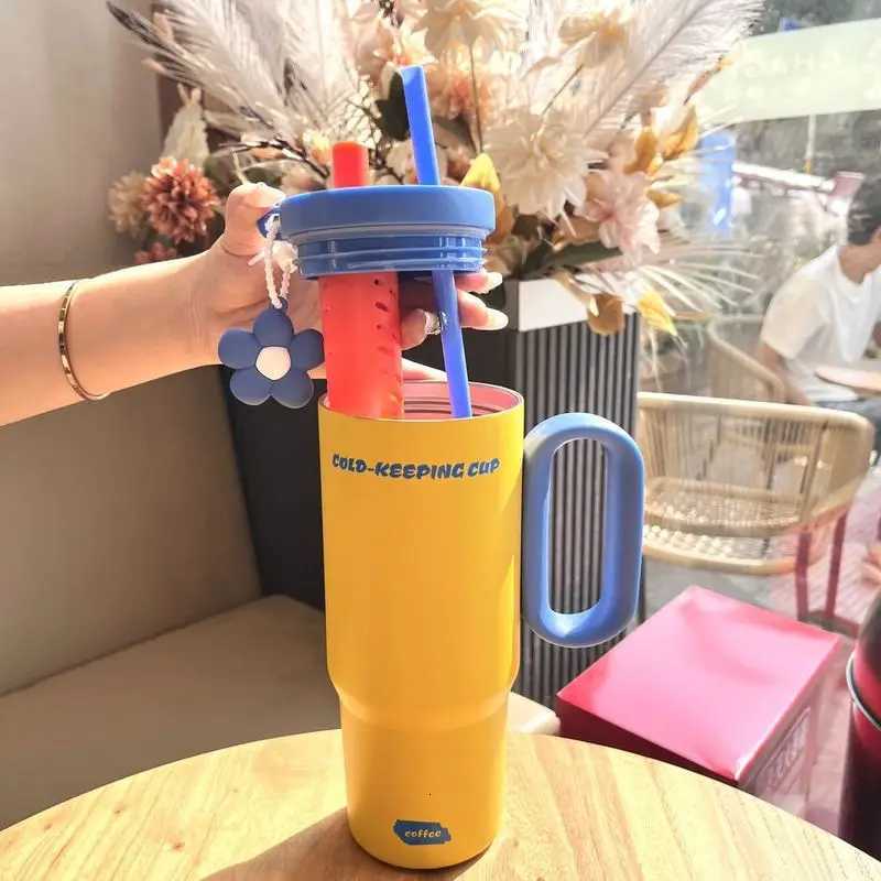 Large Capacity High Aesthetic Straw Water Bottle Couple Water Cup Girlfriend Gift Double Wall Insulated Stainless Steel Tumbler H251215