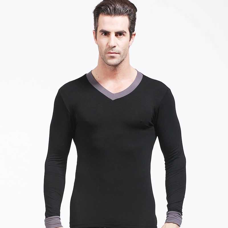 Mens tight Modal V-neck slim-fit autumn thin single base coat warm long-sleeved top G251215
