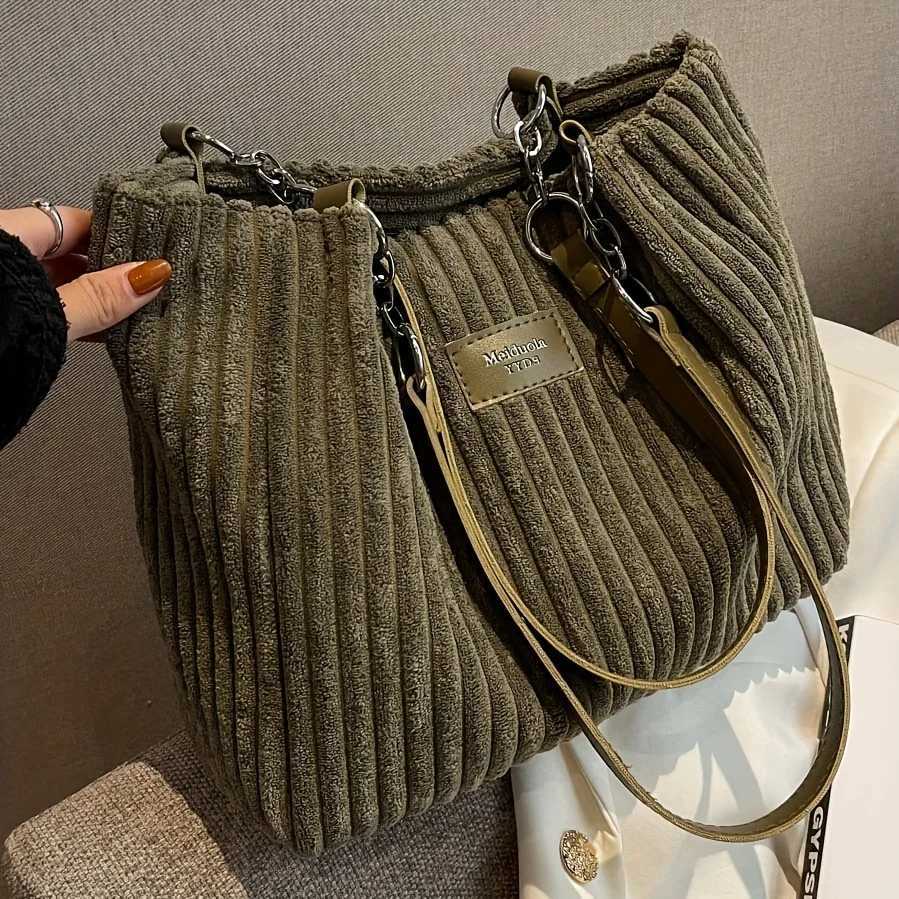 Womens Corduroy Shoulder Bag Solid Color Handbag Fixed Shoulder Strap Zipper Closure Large Capacity Simple and FashionT251215