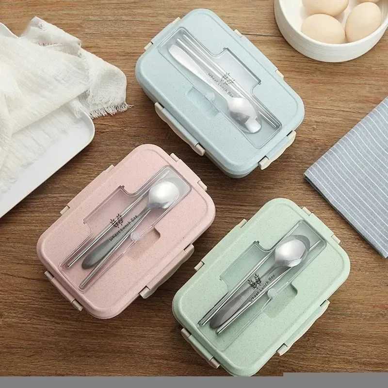 Microwave Lunch Box Wheat Straw Dinnerware Food Storage Container Bento Box with Spoons Chopsticks Children Kids School Off H251213