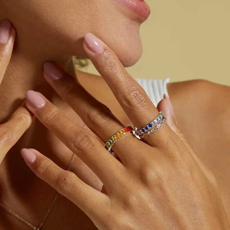 ALLNOEL Hot Sale 925 Silver Stackable Rainbow Band Ring For Women Girl Original 925 Silver 5A Zircon Rings Brand Jewelry Gift M251215
