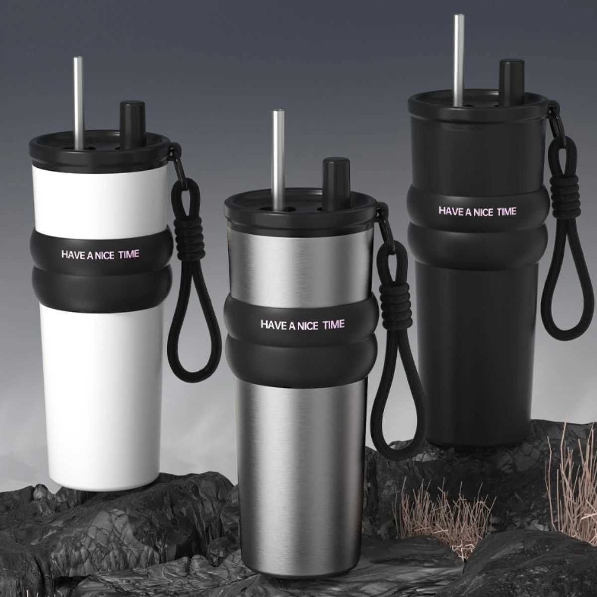 24oz Large Capacity Portable Car Cup Stainless Steel Thermos Cup with Straw Handle Travel Sports Water Bottle Vacuum Flask H251215