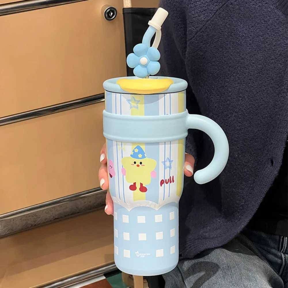 Fashion 700ML/1200ML Insulated Cup Stainless Steel Cartoon Drinking Straw Cup Large Capacity with Handle Water Bottle H251215