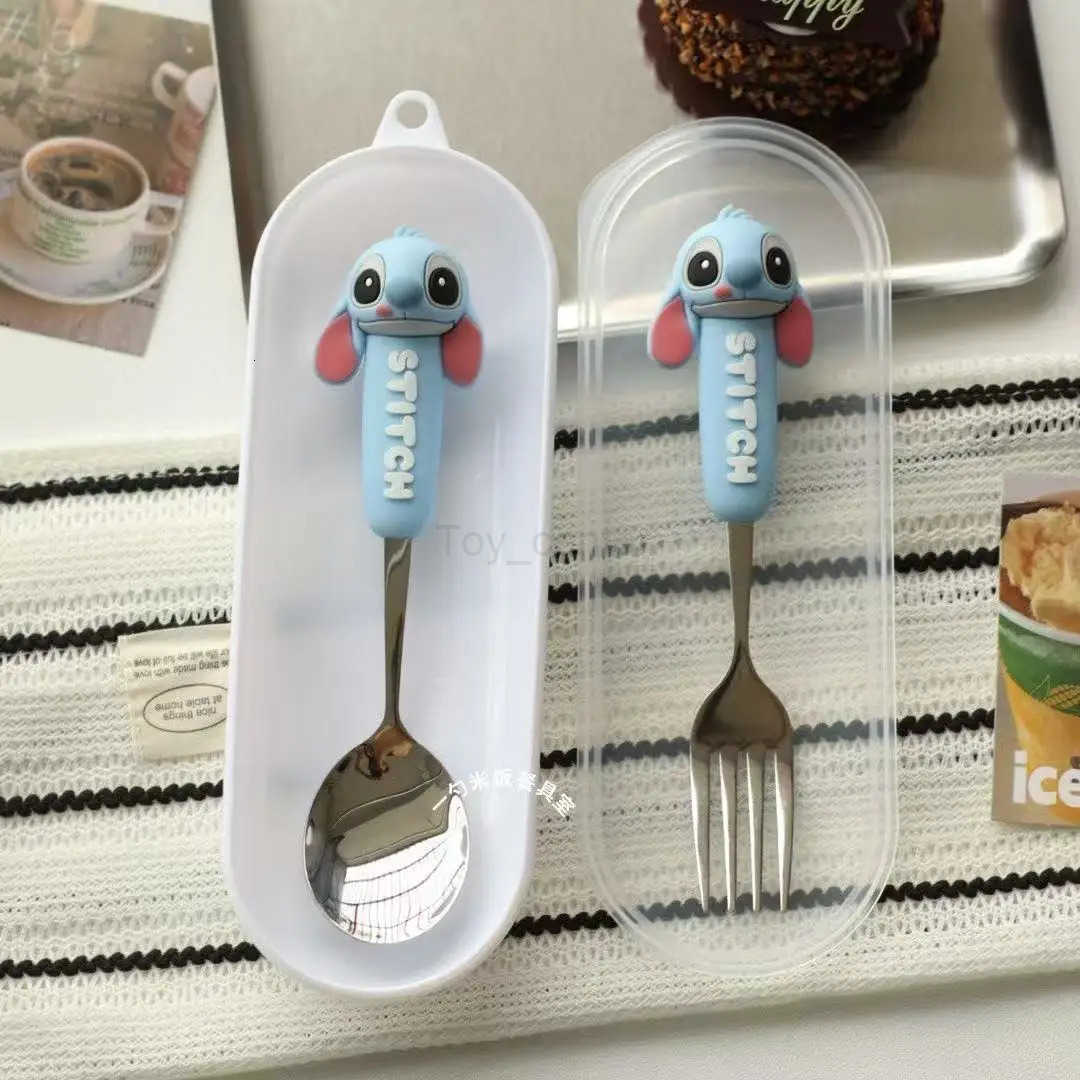 Disney New Hot Stitch Spoon Fork Student High-value Chopsticks Anime Cute Dormitory Home Portable Set Tableware Three-piece Gift H251215