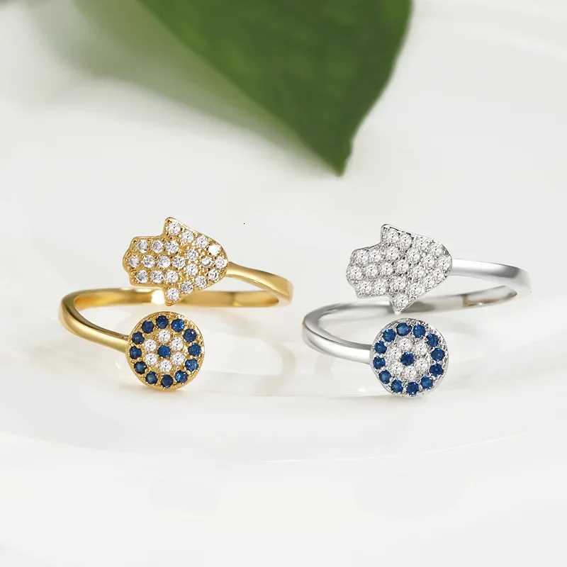 YILUOCD Hamsa Fatimas Hand Open Rings Turkish Blue Cubic Zircon Evil Eye Ring Protection Amulet Islamic Je Jewelry M251215