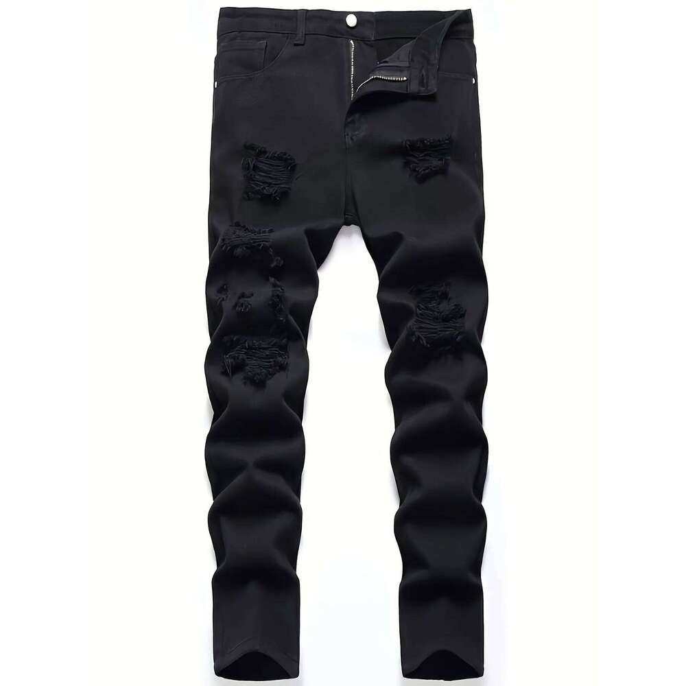 Men's slim fit perforated black denim pants C251215