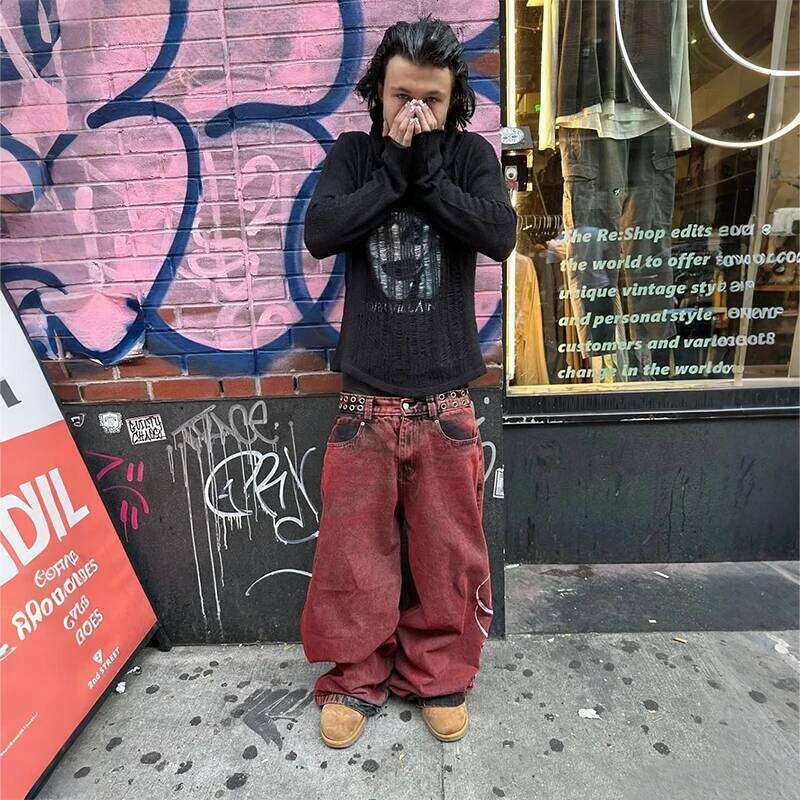 Y2K Casual Loose Vintage Letter Print Rivet Belt Design Red High Waist Wide Leg Jeans Men Women Hip Hop Streetwear C251215
