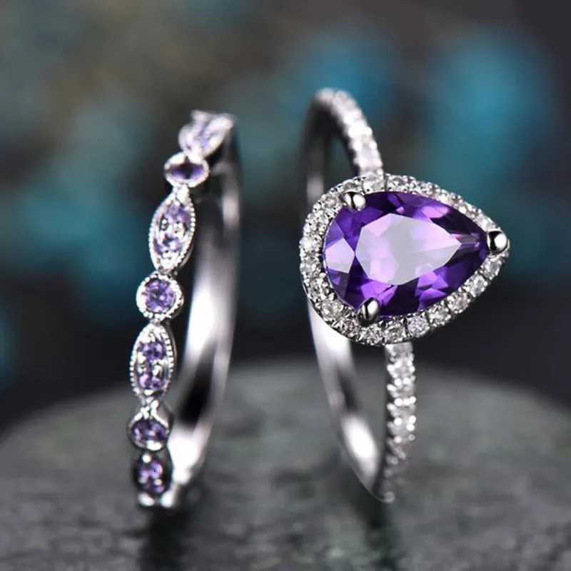 Purple Cubic Zircon Set Rings for Women Wedding Party Temperament Elegant Lady Accessories Fashion Jewelry M251215