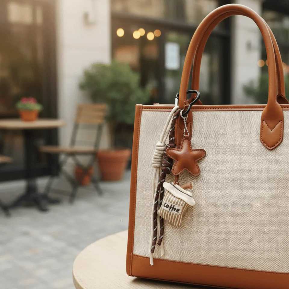 Creative Braid Rope Coffee Bread Keychain Leather with Star Pendant Bag Charm Handmade Bag Pendant M251215